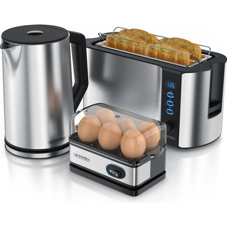 Arendo Frühstücks Set, Wasserkocher 1,5l Temperaturwahl, 4 Scheiben Toaster & Eierkocher für 6 Eier, Silber, Toaster, Silber