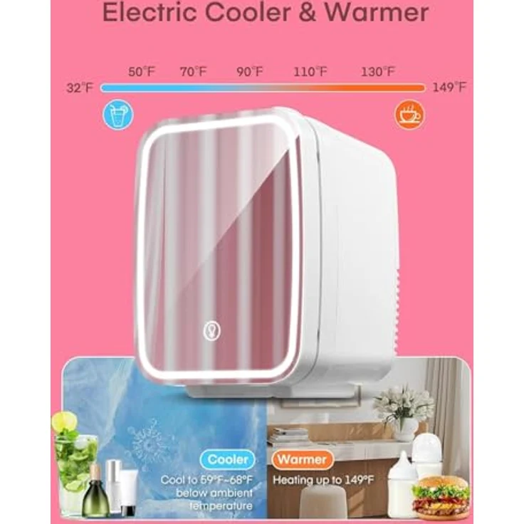 FOHERE 5L Mini Kühlschrank mit LED Spiegel, Kühl- und Heizfunktion, für Hautpflege und Getränke, 220V AC, weiß – Bild 4