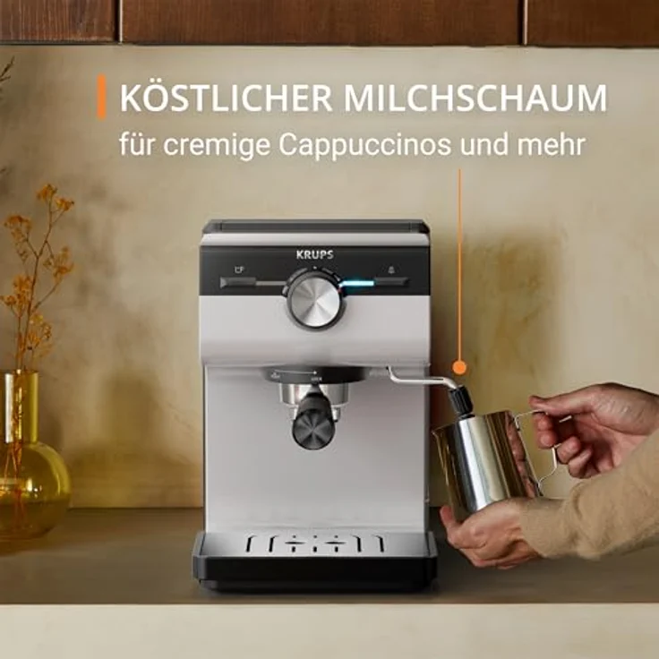 Krups XP381B Authentic Espressomaschine Siebträger, Kaffeemaschine in Fair Grey, 15 bar Pumpendruck, Milch-Aufschäumdüse, 2 L Wassertank – Bild 6