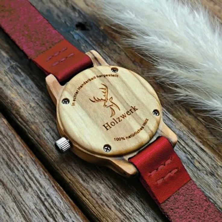 Holzwerk Quarzuhr CLARA RED kleine Damen Holz & Leder Armband Uhr, dunkel rot, beige - Zierliche Armbanduhr mit fluoreszierenden Uhrzeigern und hochwertigem japanischem Quarzwerk – Bild 5