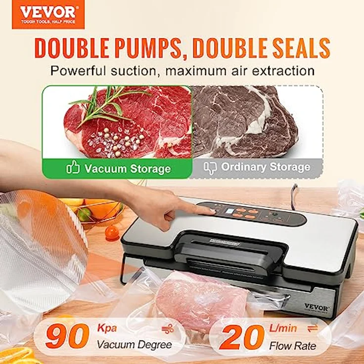 VEVOR Vakuumiergerät 130W Vakuumierer 90Kpa Einschweißgerät 30cm Dichtungslänge für trockene oder feuchte Lebensmittel - Inkl. 10x Vakuumbeutel, 2x Vakuumbeutelrolle und Schlauch – Bild 2