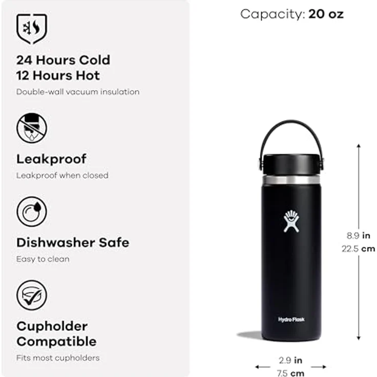 Hydro Flask Trinkflasche, Edelstahl und vakuumisoliert, große Öffnung mit auslaufsicherer Flex Cap, schwarz, 591ml (20 oz) – Bild 7