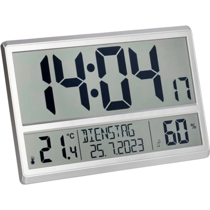 TFA Dostmann 60.4520.54 Digitale XL-Funkuhr Wanduhr mit Innentemperatur, Datum und Wochentag (Silber) – Bild 1