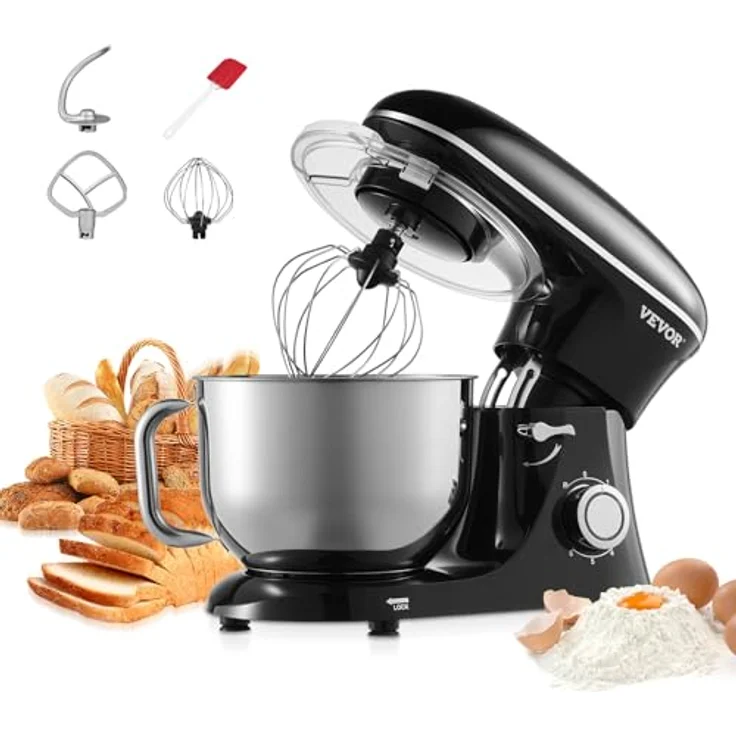 VEVOR Küchenmaschine Teigmixer 1400 W, 5,68 L Edelstahl Schüssel mit kippbarem Kopf, Knethaken, Schneebesen, für Backen und Mixen, schwarz – Bild 1