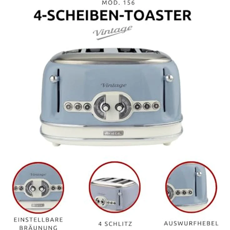 Ariete 156, Design-Toaster für 4 Scheiben,6 Toaststufen, 1600 W, Edelstahl, 4 Brotschlitze, Blau – Bild 2