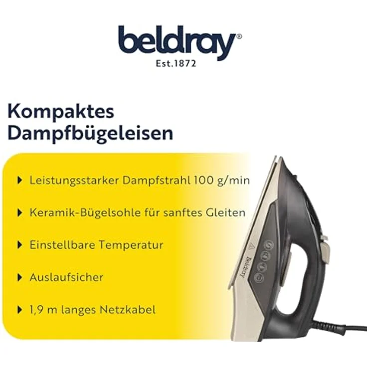 Beldray BEL01848VDE Dampfbügeleisen – 2000 W, kompaktes Dampfbügeleisen mit Keramik-Bügelsohle, 230 ml Wassertank, Dampfstoß 100 g/min, auslaufsicher, 1,9 m Kabel, einstellbare Temperatur – Bild 2