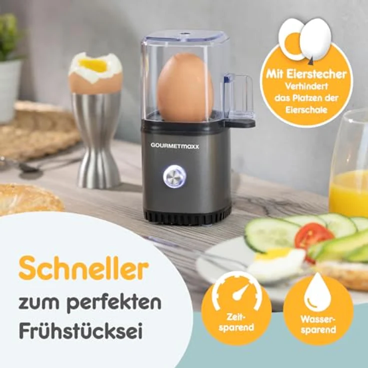 GOURMETmaxx Eierkocher für 1 Ei, Egg Boiler mit Eierstecher und Messbecher, 3 Härtegrade, kompakt und spülmaschinenfest, Anthrazit – Bild 5