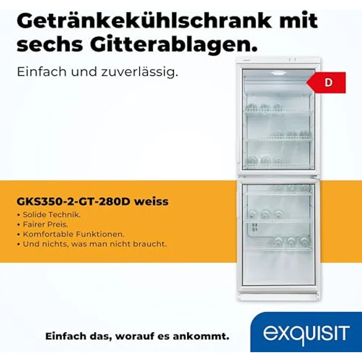 exquisit Getränkekühlschrank GKS350-2-GT-280D weiss, 173 cm hoch, 60 cm breit, 320 L Volumen, mit Glastür und LED-Innenbeleuchtung – Bild 3