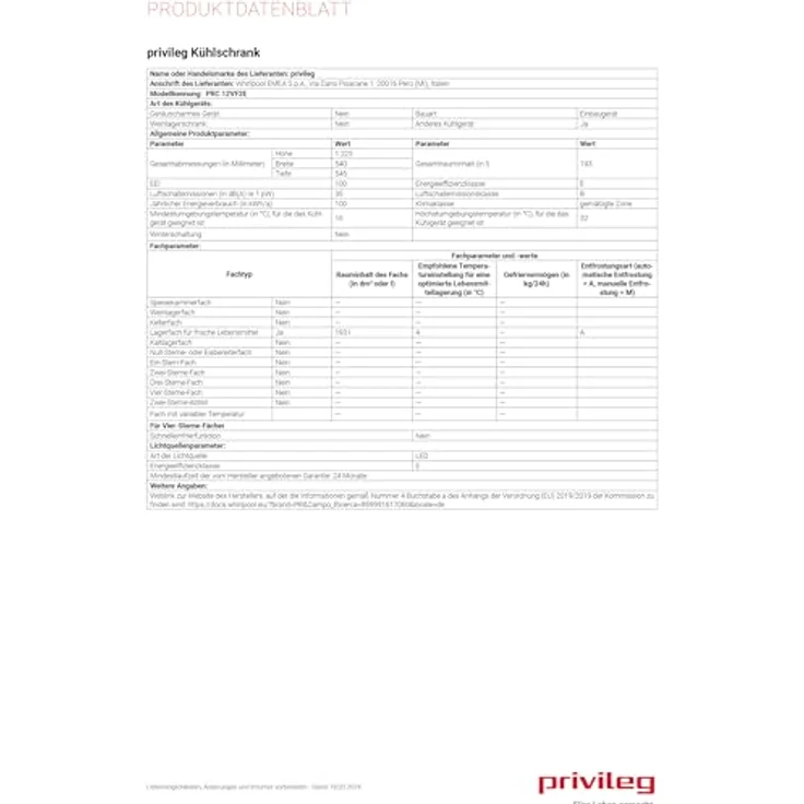 Privileg PRC 12VF2E Einbaukühlschrank mit 193 l Kühlvolumen, 5 Ablageflächen und LED-Innenbeleuchtung, 35 dB – Bild 8