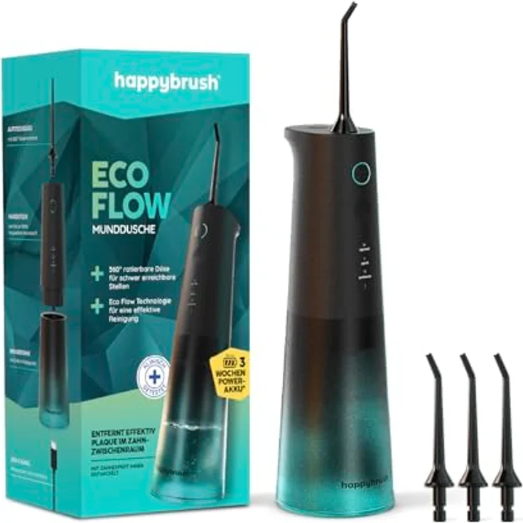 happybrush Eco Flow Munddusche Set, Kabelloser Water Flosser mit 3 Wochen Power Akku, 360° rotierbaren Düsen, effektive Zahnzwischenraumreinigung, Black/Mint – Bild 1