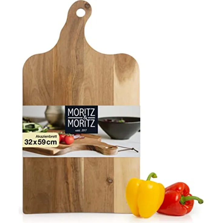 Moritz & Moritz großes Servierbrett Holz mit Griff - 59x32x2 cm - Antibakterielles Akazienholz Brett als Frühstücksbrettchen, Servier Holzbrett oder Käseplatte