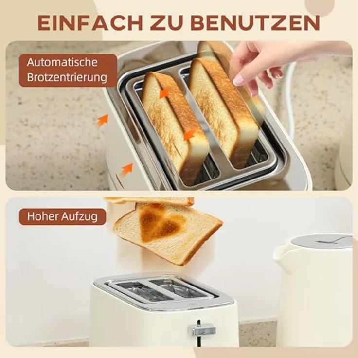 HOMCOM Kocher-Toaster-Set, Wasserkocher 1,7L mit Trockenkochschutz und Toaster mit 6 Bräunungsstufen, beige – Bild 8