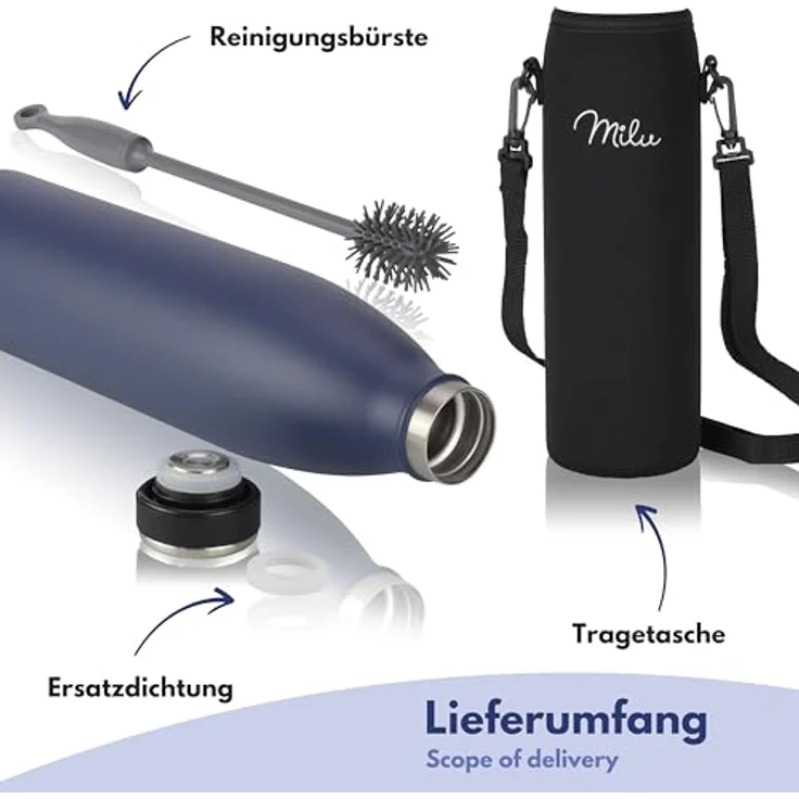 Milu Edelstahl Trinkflasche 750ml, doppelwandige Thermosflasche, auslaufsicher, kohlensäuregeeignet, Navyblau – Bild 5