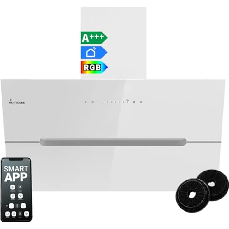 KKT KOLBE Dunstabzugshaube ECCO9005WM, 90 cm, 782 cbm/h, kopffrei, Wandhaube, Weiß Glas, Smart WiFi App, RGBW-LED-Beleuchtung, energieeffizient A+++ – Bild 1