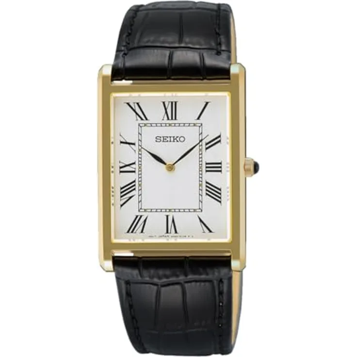 Seiko Klassische Herren-Armbanduhr, 27 mm, SWR104P1, vergoldetes Edelstahlgehäuse, schwarzes Lederarmband, Saphirglas, wasserdicht bis 50 m