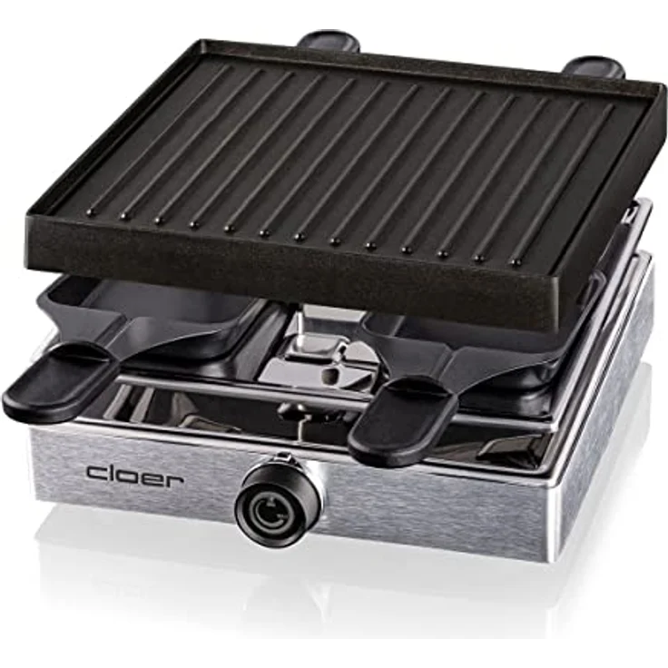 Cloer 6454 Raclettegrill mit Aluminium-Druckguss Platte, 750 W, 4 antihaftbeschichtete Raclettepfännchen, Kunststoffspachtel, unbeheizter Parkplatz, Aluminium – Bild 2
