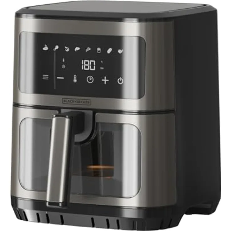 Black+Decker BXAF2501E, Heißluftfritteuse ohne Öl, 1600 W, 6,5 L, 8 Programme, Touchscreen, Temperatur 80–200 °C, Sichtfenster, Timer, Signalton