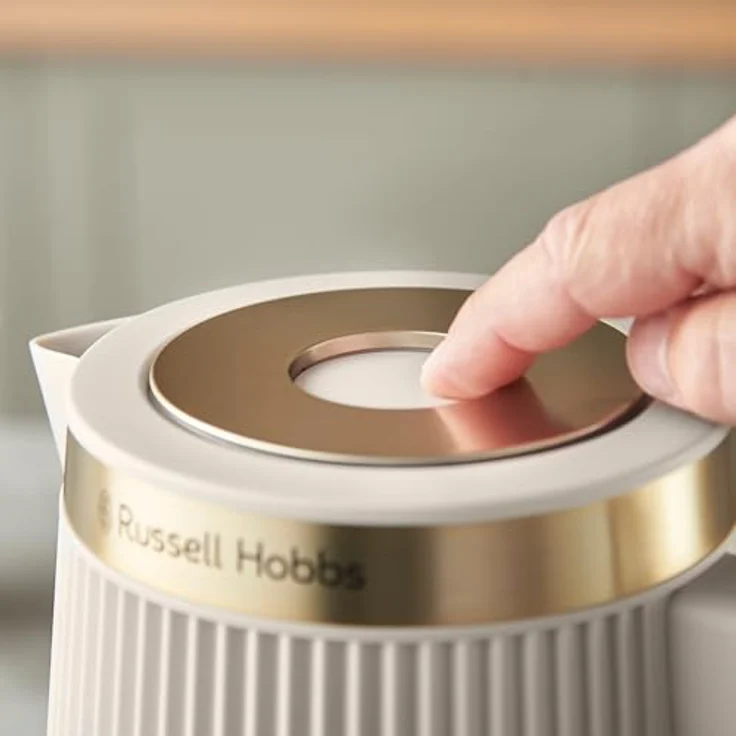 Russell Hobbs Brontë Wasserkocher 1,7L, 2400W, mattes Steinfarbenes Design mit Goldakzenten, Perfect-Pour-Ausgusstülle, Wasserstandsanzeige, herausnehmbarer Kalkfilter, Beleuchtung, Deckelöffnung per Knopfdruck – Bild 5