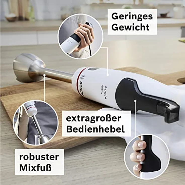 Bosch Stabmixer ErgoMaster Serie 4 MSM4W220, Zerkleinerer, einhändig bedienbar, Edelstahl-Klingen, verschleißfreie Keramik-Kupplung, Mixbecher, QuattroBlade, AntiSplash, Einschaltsperre, 600 W, weiß – Bild 4