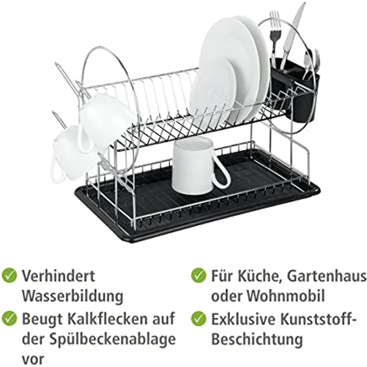 WENKO Geschirrabtropfer Premium Duo, Geschirr Abtropfständer für die Küche, Abtropfgestell mit Besteckkasten und Tellerständer, 52 x 36 x 24 cm, Silber-Schwarz – Bild 6