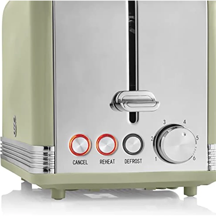 Swan Retro ST19010GNEU 2-Scheiben-Breitschlitz-Brottoaster, Vintage Design, 3 Funktionen: Auftauen/Aufwärmen/Abbrechen, 6 Toaststufenregler, Edelstahl, Grün, 815W – Bild 5