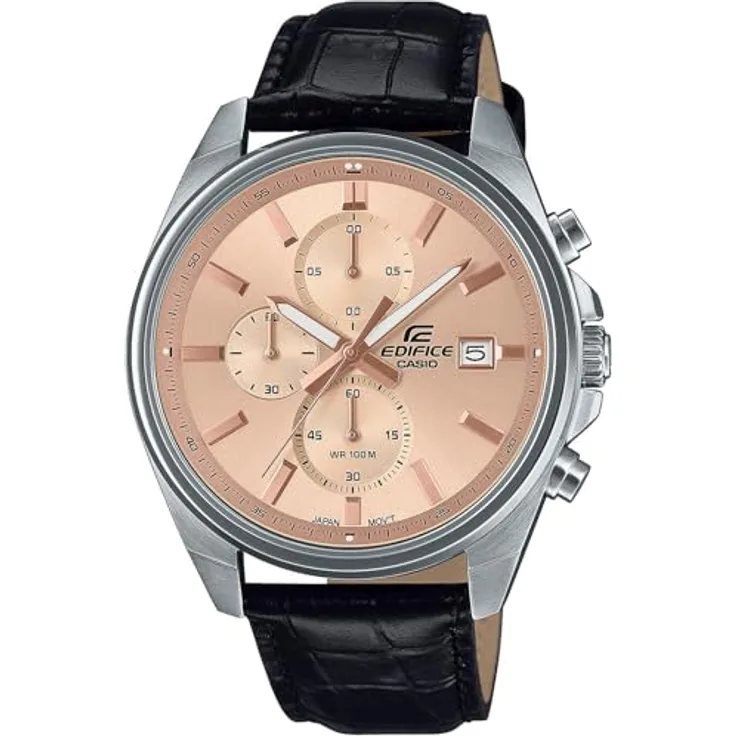 Casio Watch EFV-610EL-5AUEF, Chronograph mit schwarzem Lederarmband, silbernem Gehäuse und Champagne Zifferblatt, wasserdicht bis 10 bar