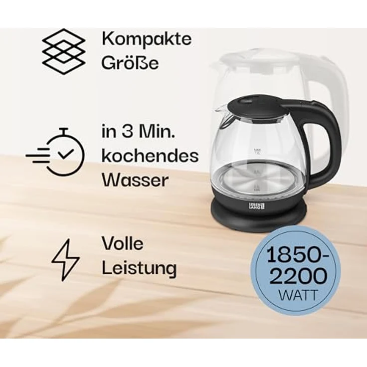 LEBENLANG Wasserkocher LEBENLANG BPA-freies Glas 1 Liter mit 1800-2200W, kompakt und leise für Camping und Reisen, inklusive Kalkfilter und automatischer Abschaltung – Bild 3