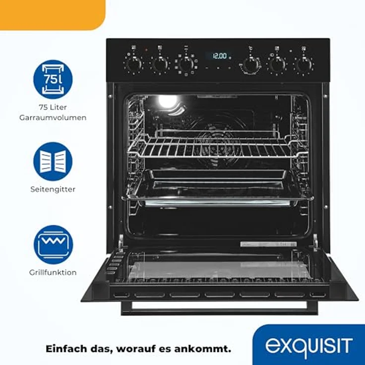 Exquisit Einbauherdset EHE285-HBZ-020-Set schwarz, 75 l Garraumvolumen, 9 Backofenprogramme, Glaskeramikkochfeld mit Rahmen, Energieklasse A – Bild 3