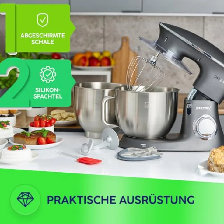 MPM MRK-23, planetarischer Küchenroboter mit 2 Edelstahlschüsseln (je 7 l, grau), 2400 W, 6 Geschwindigkeitsstufen – Bild 6