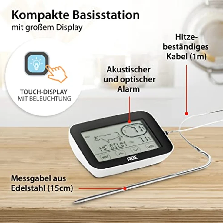 ADE BBQ 1408 Funk-Bratenthermometer. Digitales Grill-Thermometer mit Touch-Display, Funkempfänger, Messgabel aus Edelstahl. Elektronisches Ofenthermometer für den perfekten Garpunkt. Inkl. Batterien – Bild 5