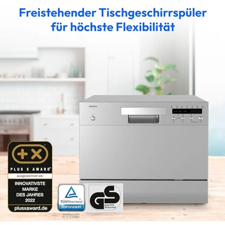 Medion MD 37496 Tischgeschirrspüler, silber, 6 Maßgedecke, Energieklasse D, AquaStop, kompakt, 6,5L Wasserverbrauch, 43,8cm hoch – Bild 3
