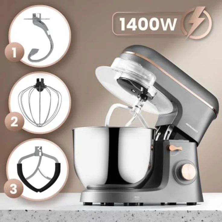 Berdsen 1400 W BD-756 3-in-1 Planetenrührwerk Küchenmaschine, 6L Edelstahlschüssel, silber-gold, 6 Geschwindigkeitsstufen – Bild 6
