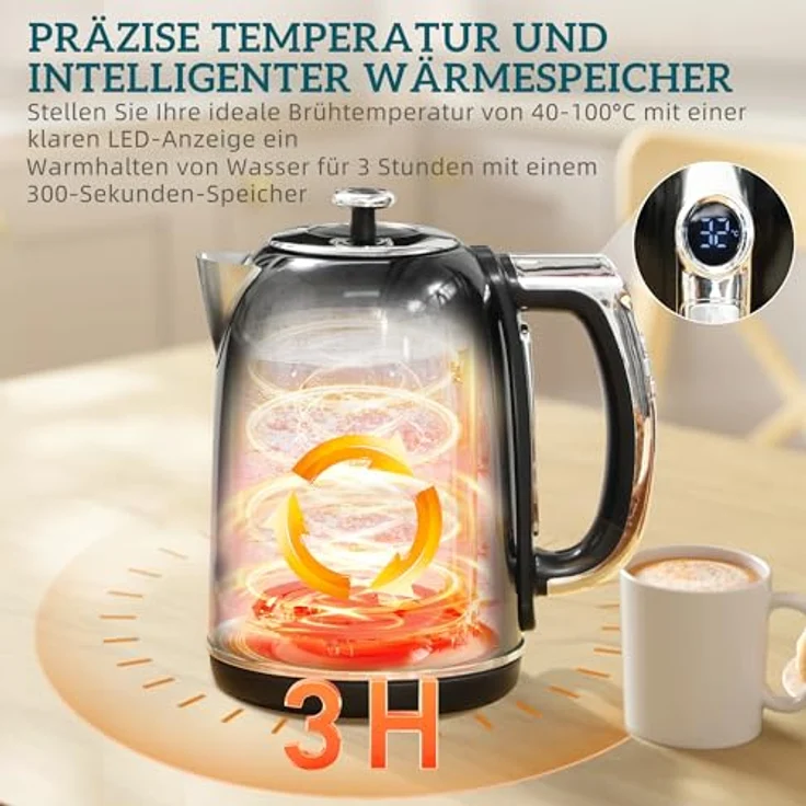 HOMCOM Wasserkocher-Toaster-Set, 1.7L mit Memory-Funktion, 2200W, LED-Display, Schwarz – Bild 3