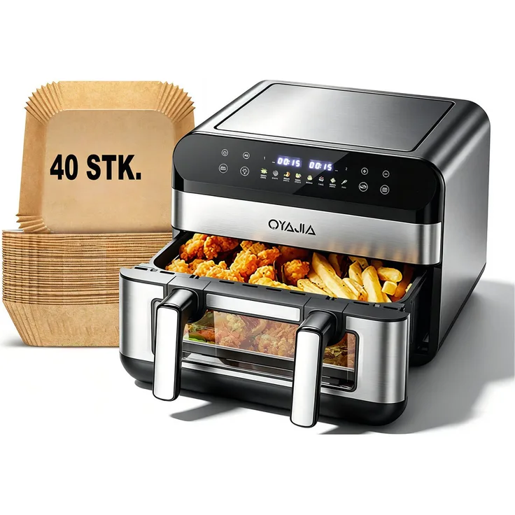 oyajia Heißluftfritteuse 11L, 2 Kammern, 2800W Air Fryer mit Sichtfenster, 8-in-1 Funktionen, für 4-7 Personen, mit 40 Backpapier