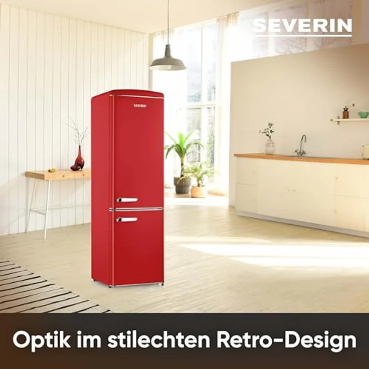 SEVERIN RKG 8917, Retro Kühl- & Gefrierkombination mit 244 L Nettovolumen, 39 dB, LED-Beleuchtung, rot – Bild 3