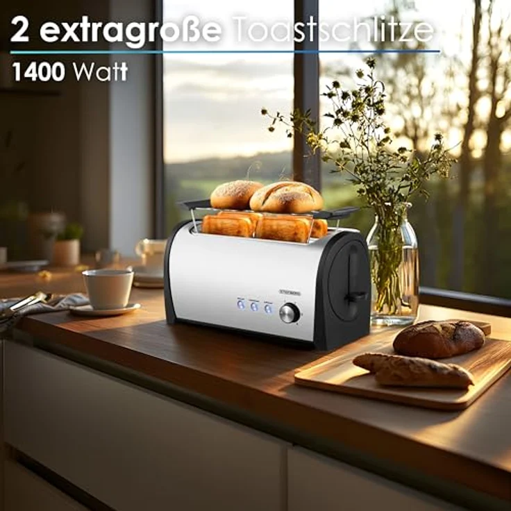 Steinborg XXL Langschlitztoaster 4 Scheiben, Edelstahl mit Brötchenaufsatz, blauer LED-Beleuchtung und automatischer Abschaltung – Bild 2