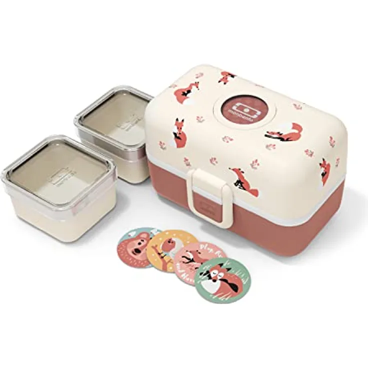 Monbento Tresor, Kinder Bento Box mit 0,8 Litern Volumen, rot, mikrowellen- und spülmaschinenfest, drei Fächer mit Tiermotiv