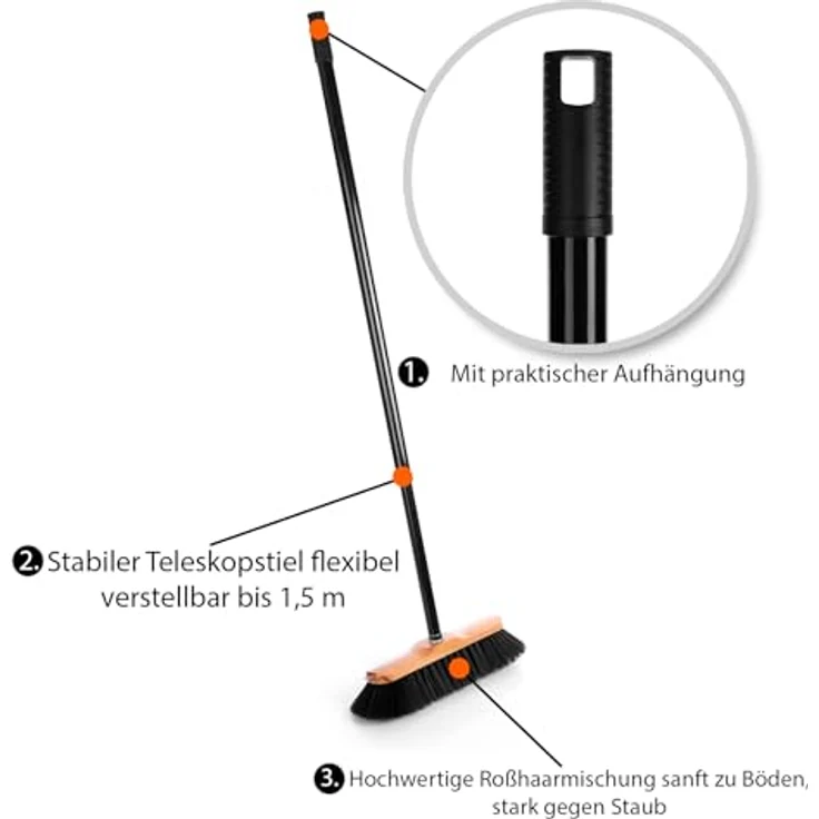 BigDean Kehrgarnitur 2 Stück Zimmerbesen, 150 cm ausziehbar, Rosshaar Borsten, für empfindliche Böden, ergonomisch und platzsparend, Made in Germany – Bild 4