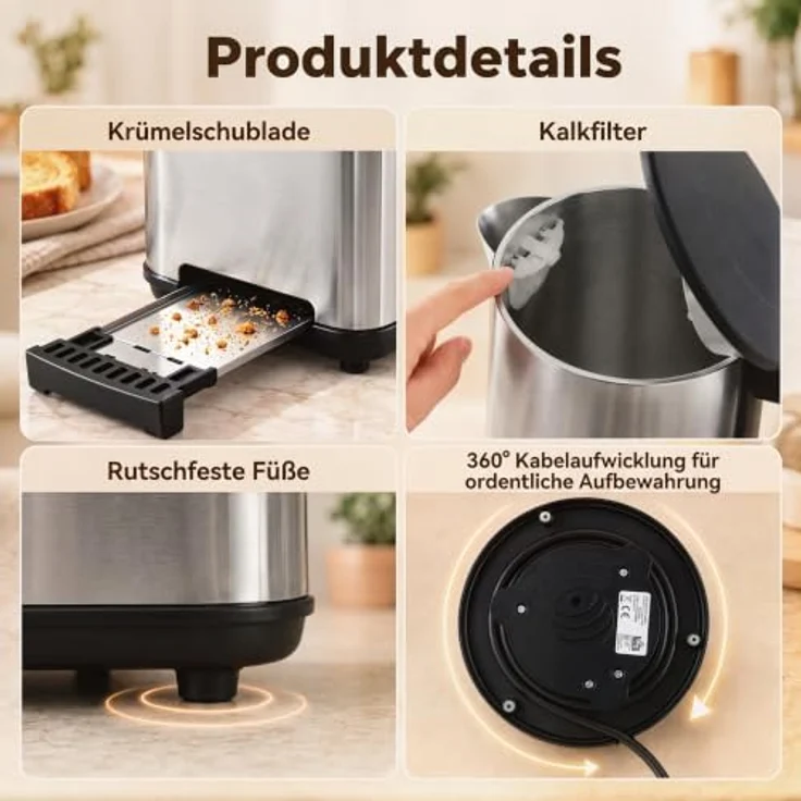 HOMCOM Wasserkocher Toaster Set, 2200 W Wasserkocher (1,5 L) und 2-Scheiben Toaster in Silber, mit LED-Touch und Warmhaltefunktion – Bild 7