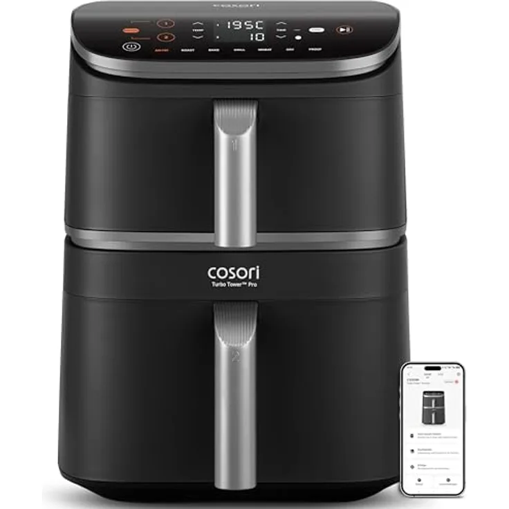 COSORI Turbo Tower Pro Smart, 10,8L Double Stack Airfryer mit WLAN, DualBlaze Technologie und Keramikbeschichtung, Silbergrau