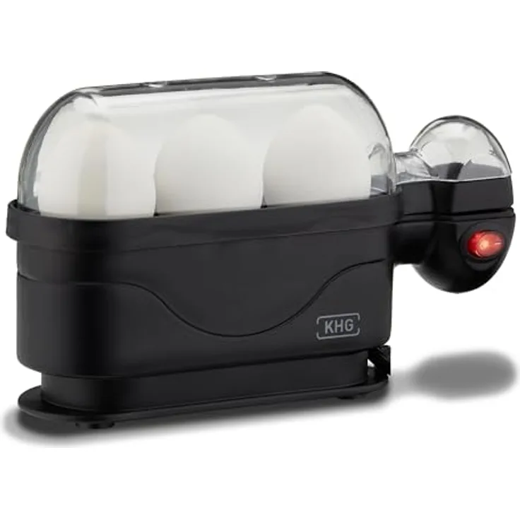 KHG Eierkocher für 3 Eier, Aluminium Schwarz, mit Warmhaltefunktion und Alarmfunktion, 380 Watt, platzsparend, TÜV Siegel