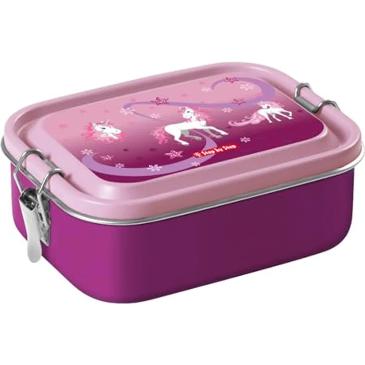 Step by Step Lunchbox Stainless Steel Sweet Unicorn, rosa, aus hochwertigem Edelstahl mit sicherem Verschluss und herausnehmbarer Trennwand, 0,8 Liter