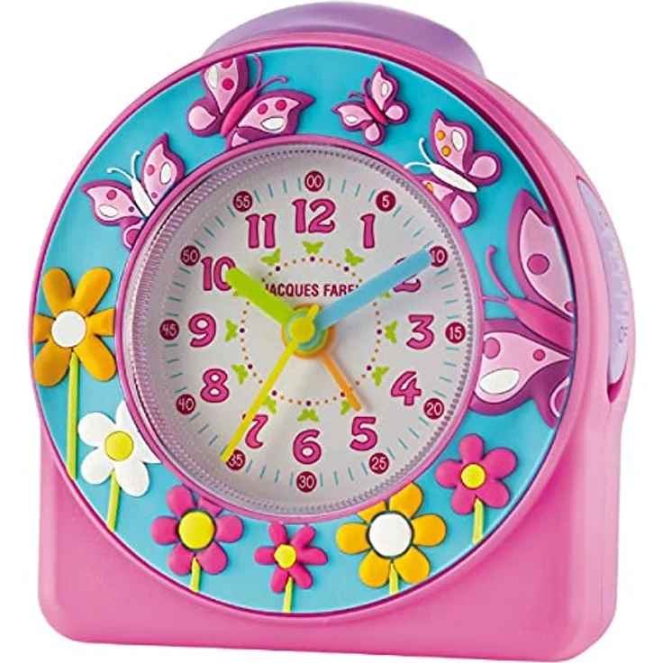 JACQUES FAREL ACW 69, Kinderwecker Lernwecker mit 3D Schmetterlingen und Blumen, Pink-Türkis, lautlos, mit Snooze und Ziffernbeleuchtung, analog Quarz – Bild 1