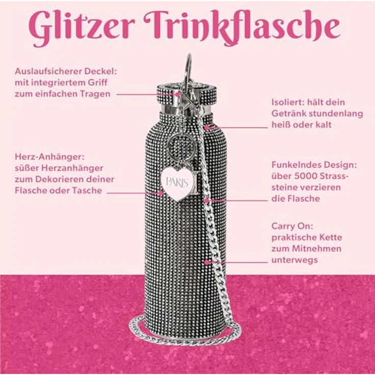 Paris Hilton Trinkflasche, Schwarz, Metall, 0.75 L, abnehmbarer Deckel, mit Steinen – Bild 2