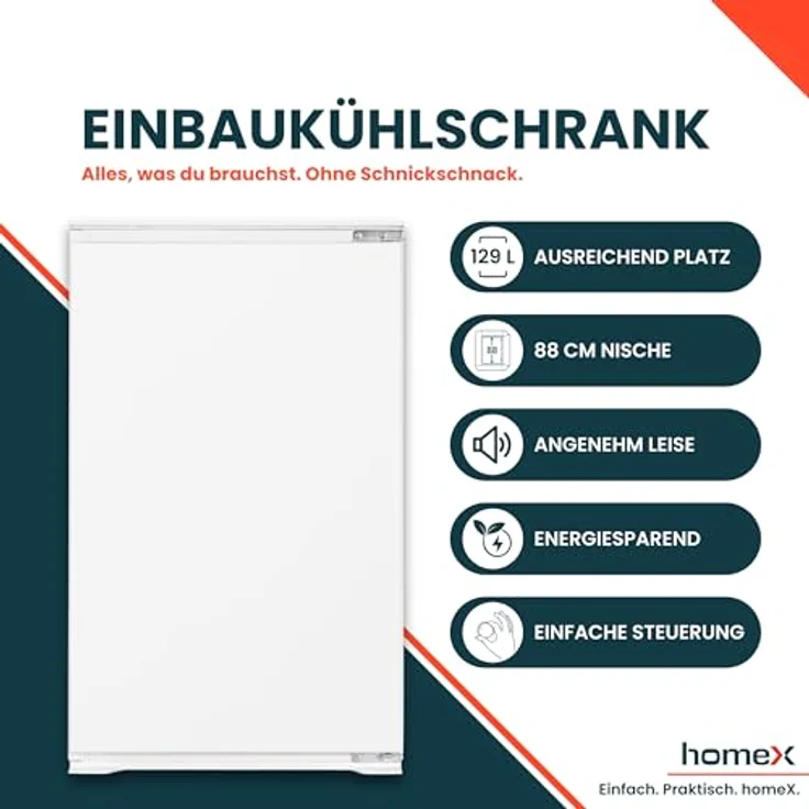 homeX CB1291E, Einbaukühlschrank ohne Gefrierfach für 88 cm Nische, 129 Liter, LED-Beleuchtung, 37 dB, Schlepptürtechnik – Bild 2