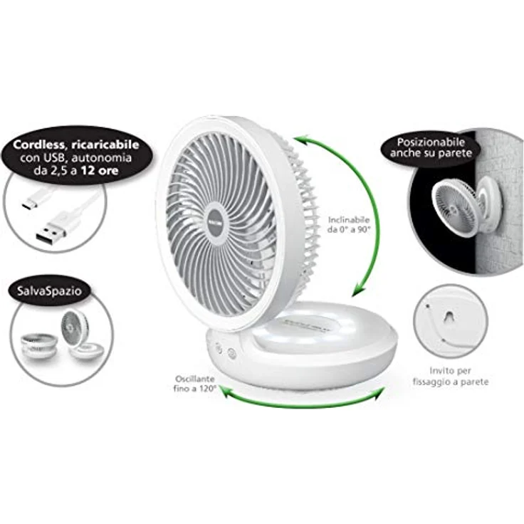 Macom Enjoy & Relax 990, Kabelloser Tischventilator mit USB, oszillierend, 4 Geschwindigkeitsstufen, LED-Licht, wiederaufladbar, 19 cm Durchmesser, weiß – Bild 2