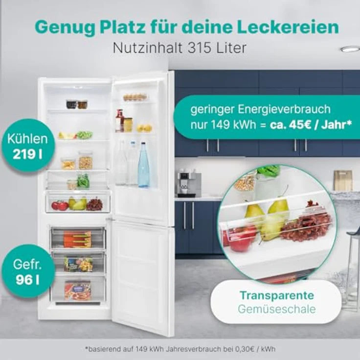 Bomann XXL Kühlschrank mit Gefrierfach 186cm | 60cm breit | Kühlgefrierkombi 315L | 40db | KG 7357 weiß – Bild 2