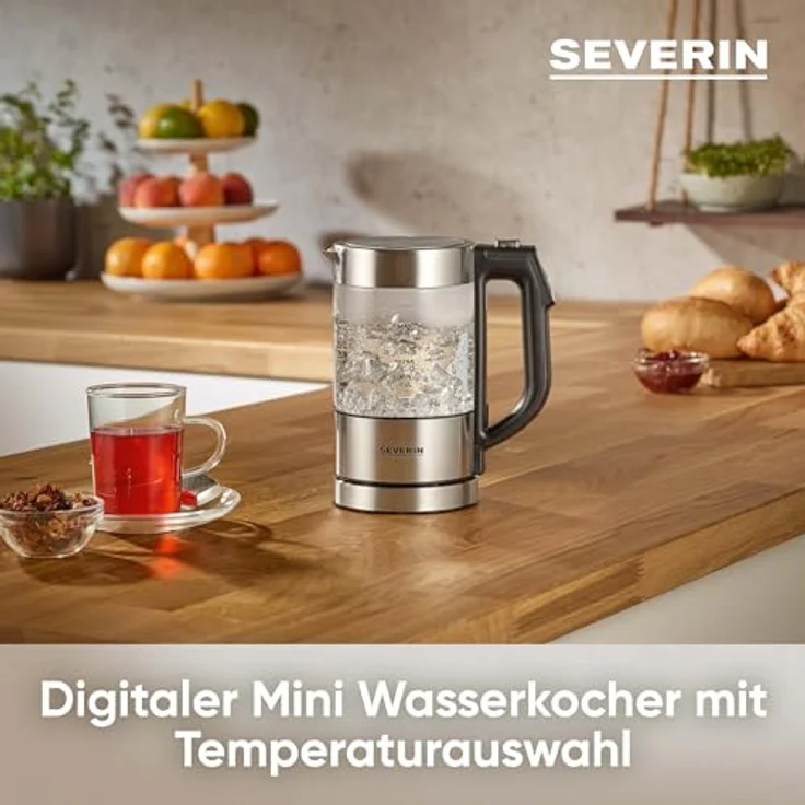 Severin WK 3458 Mini-Wasserkocher, 1100W, 0,5L, Temperatureinstellung, Wasserstandsanzeige, silber – Bild 2