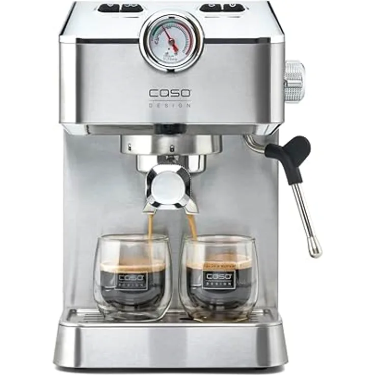Caso Espresso Gourmet - Siebträgermaschine aus Edelstahl, leistungsstarke 19 bar Ulka-Pumpe, mit Milchaufschäumer, für Kaffeepulver oder ESE Kaffeepads, für 2 Tassen, mit Tassewärmeplatte