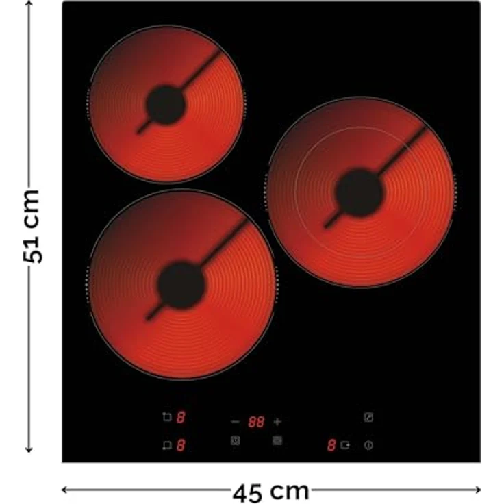PKM Elektro-Kochfeld KF3F, 3 Kochzonen, 45 cm breit, Touch Control, Kindersicherung, 5000 Watt, Glaskeramik – Bild 2